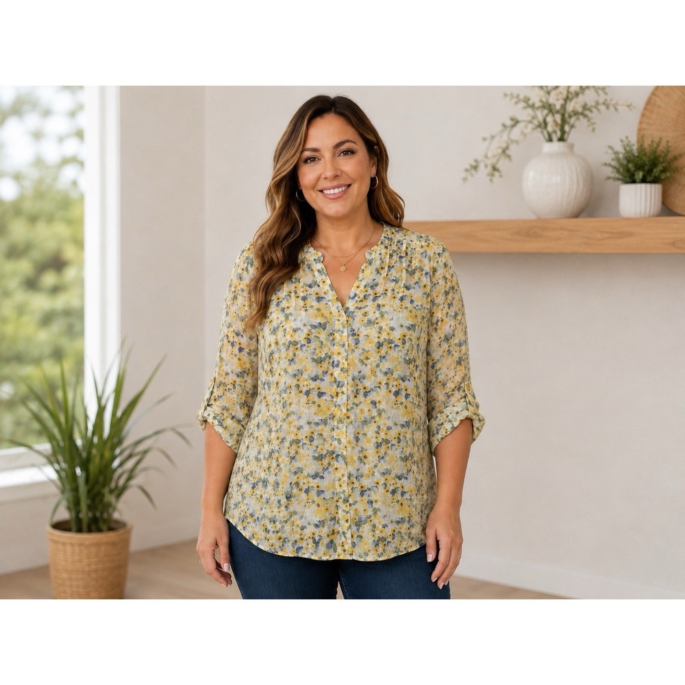 Zac & Rachel Women's XL Floral Blouse Yellow Blue Roll Tab Sleeve Lightweight